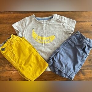 Boys MINI BODEN 3pc Lot Gray Banana Tshirt Yellow Pants Blue Shorts Sz 2-3Y